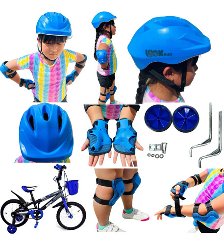 Kit Casco Bicicleta Niños Rodillera Codera Muñe + Llantitas 