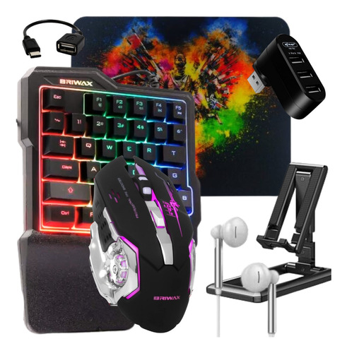 Kit Gamer Teclado One Hand Mouse 7 Botões Fone Mobilador Rgb