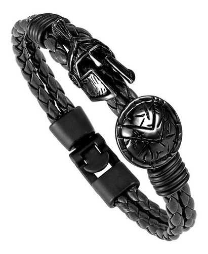 Manilla Pulsera Brazalete Cuero Negro Casco Espartano Hombre