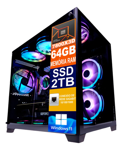 Pc Gamer Cpu Ryzen 7 7800x3d Ssd 2tb Nvme, 64gb Memória Ddr5