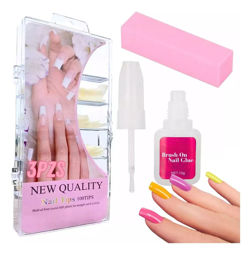 Kit Tips Uñas Cuadradas Pegamento Lima Cuadrada Manicura