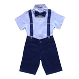 Conjunto Social Camisa Bermuda Suspensório Gravata - Menino