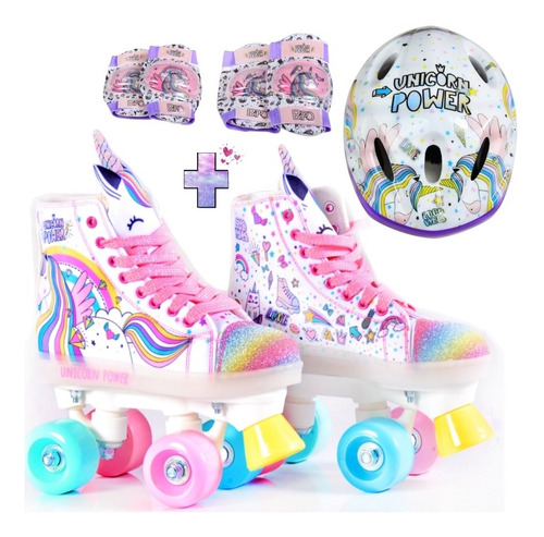 Combo Set Patines Kit Con Luces Led Y Protectores Quepeños
