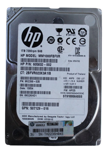 Hd Hp Sas 2,5  1tb 7.2k 6gbs Mm1000fbfvr 605832-002 Seminovo