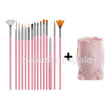 Kit Set 15 Pinceles Nail Art Decoración + Porta Pinceles 