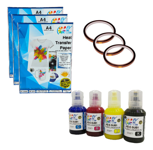 Kit 4 Tinta Sublimación 125mlc/u 300hj Papel 3 Cinta Térmica