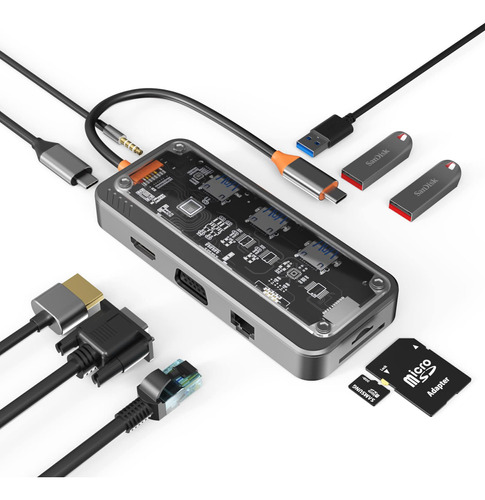 Dongle Usb C Hub, Adaptador Usb C 10 En 1 Con Hdmi 4k, Vga,