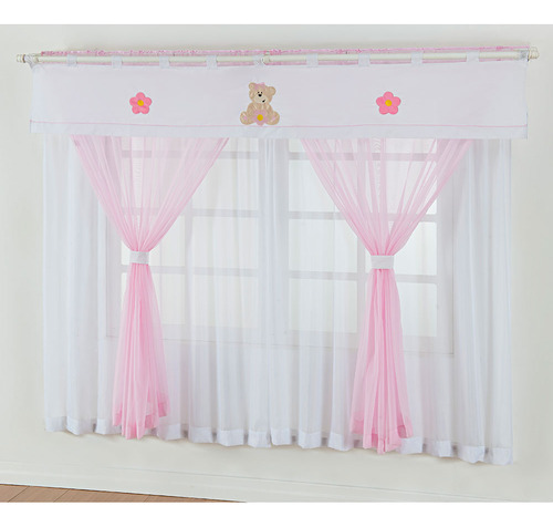 Cortina Para Quarto De Menina 2,00m X 1,80m Ursinho Rosa