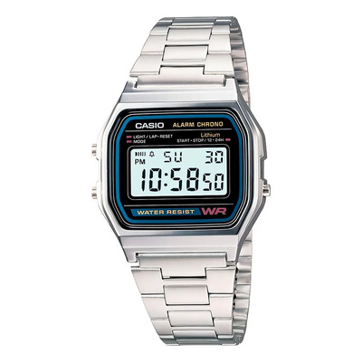 Reloj pulsera digital Casio A158 con correa de acero inoxidable color plateado - fondo gris\u002Fnegro | Meses sin interés