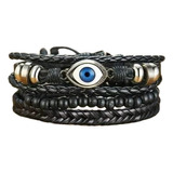 Conjunto Pulsera Brazalete Cuero  Negro Dije Ojo 3 En 1