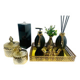 Kit Lavabo Completo Preto Gold Aroma Sabonete Porta Escovas