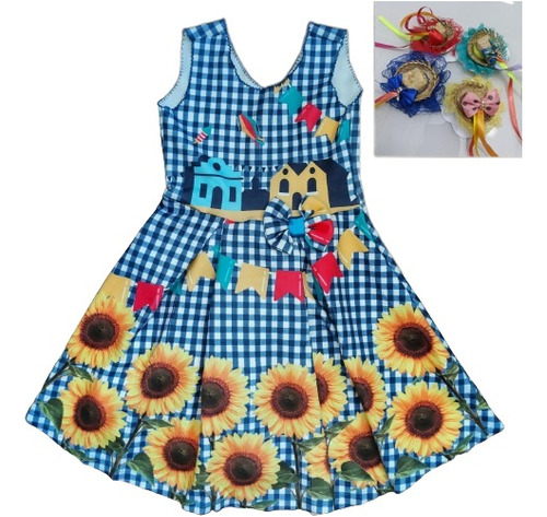 Vestido Infantil Junino Azul Xadrez Tam 8-10 + Bico De Pato