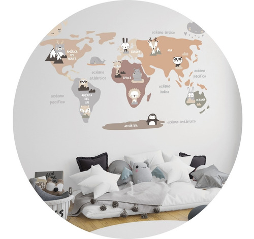 Vinilo Decorativo Infantil Mapa Animalitos Planisferio