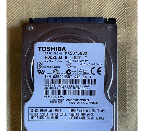 Disco Rigido Toshiba 500gb Mk5075gsx