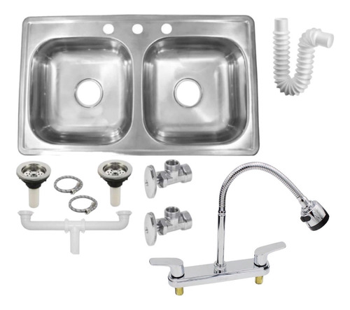 Fregadero Tarja Tina Doble Acero Inox 84x48 Con Kit Mez Flex