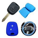 Cubre Volante + Funda Llave Silicona 2 Botones Peugeot Azul