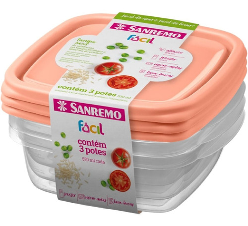 3 Potes Plástico 530ml Quadrado Microondas Freezer Bpa Free