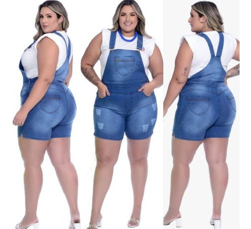  Macaquinho Macacão Short Jeans Plus Size Jardineira 