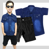 Conjunto Menino Infantil Bermuda Slim E Camisa Jeans 1 Ao 8