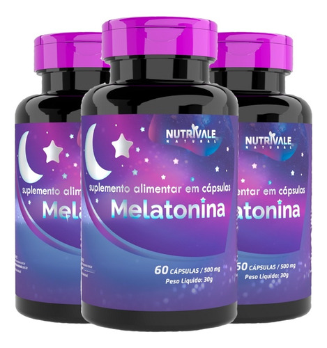 Kit 3 Potes Melatonina 500mg Nutrivale 100% Natural 180 Caps