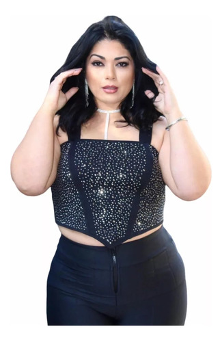 Cropped Pedraria Plus Size Brilho Luxo Balada Blogueira