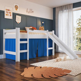 Cama Infantil Com Escorregador E Colchão Branca Cortina Azul