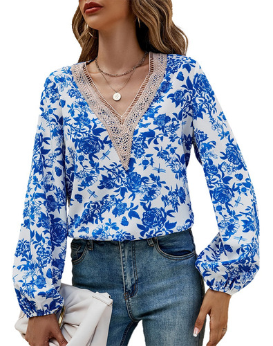 Blusa De Mujer Manga Larga Elegante Moda Flores Cuello V