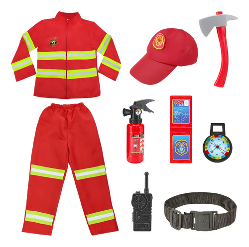 Set De Disfraz De Bombero Para Niños, 9 Piezas De Traje De Bombero Con Accesorios De Juguete, Uniforme Rojo De Bombero Para Niños Y Niñas