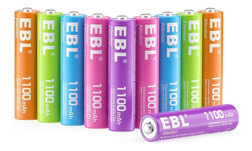 Pack De 10 Pilas Ebl Triple Aaa Recargables 1100mah Colores