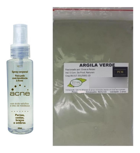 Argila Pura Verde 500g E Acne Spray Corporal Secativo