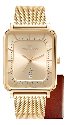 Relógio Technos Dourado Slim Com Vidro De Safira Social Kit