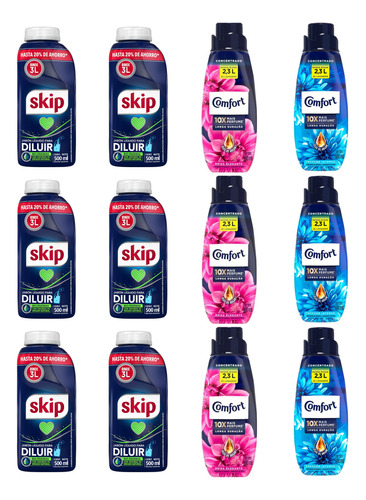 6 Jabón Skip Rinde 3l + 6 Suavizante Comfort Concentrado 500