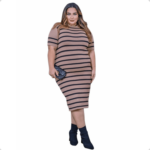 Vestido Plus Size Para Gestante Tubinho Midi Listrado Nude