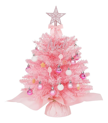 Mini Árbol De Navidad Rosa, Con Estrella Y Bolas