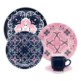 Set De Cena Y Té Oxford Floreal Hana, 30 Unidades, Color Azul/rosa