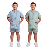 Kit 2 Conjuntos Infantis Camisa Com Capuz E Bermuda Moletom 