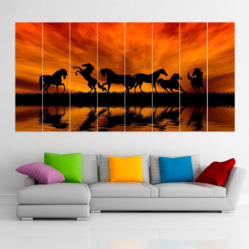 Cuadro Poliptico Paisaje Atardecer Caballos  Xxl 192cmx100cm