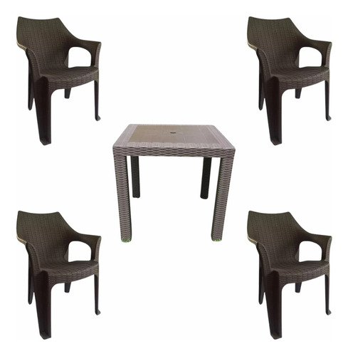 Set Mesa Tipo Rattan Plástica + 4 Sillas De Plástico Rattan 