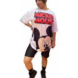 Set Biker Y Playera Over Size Con Estampado De Micky Mouse