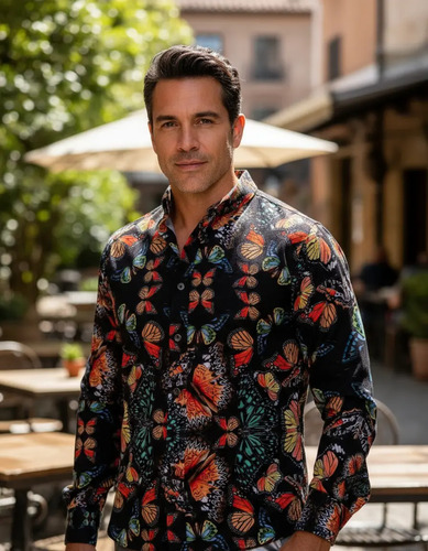Camisa Manga Larga Negra Con Estampado De Mariposas