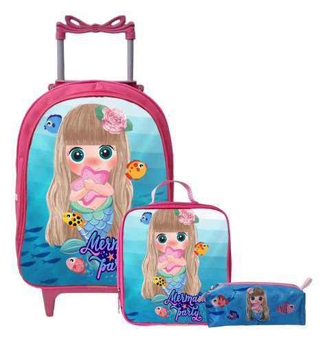 Mochila Infantil Rodinha Menina + Lancheira + Estojo- Kit 