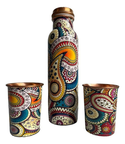 Set Botella + 2 Vasos Mándala Hecha En Cobre India 900 Ml