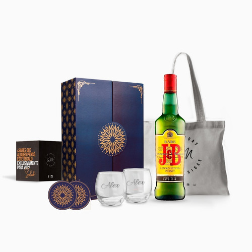Box Whisky J&b 750ml Estuche Regalo Vasos Grabados Scotch 