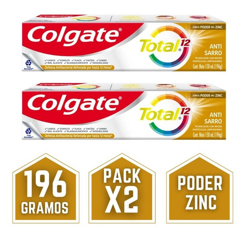 Pasta Dental Colgate Total 12 Anti Sarro 196 Grs Pack X2