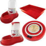 Kit Para Gato Transporte / Higiene + Comedor Autom Vermelho