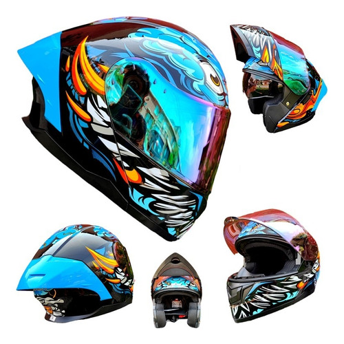 Casco Para Moto Kov Abatible Negro Azul Deportivo Certificad