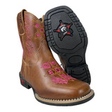 Bota Texana Marrom Infantil Menina Com Bordado Rosa Aragoni 