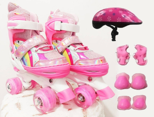 Patins Quad Rosa Regulável 28-32 E 33-36 Rodinhas Led + Kit!