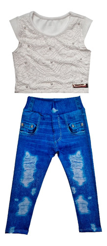 Conjunto Infantil Blusa Cropped + Calça Legging Imita Jeans