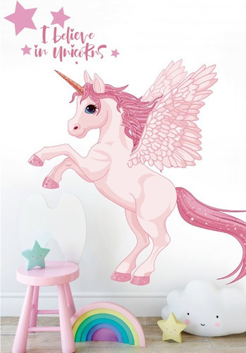 Vinil Decorativo Unicornio Con Estrellas Y Frase 08 Sticker Color Multicolor